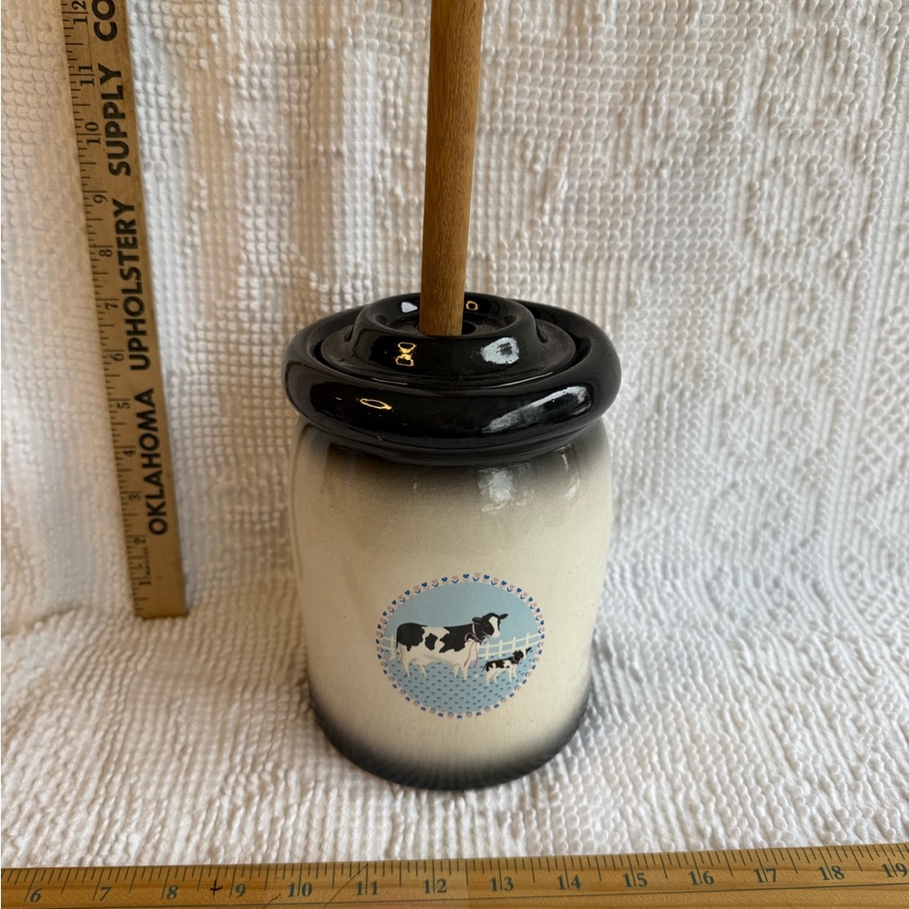 Ceramic butter churn with cow scene
